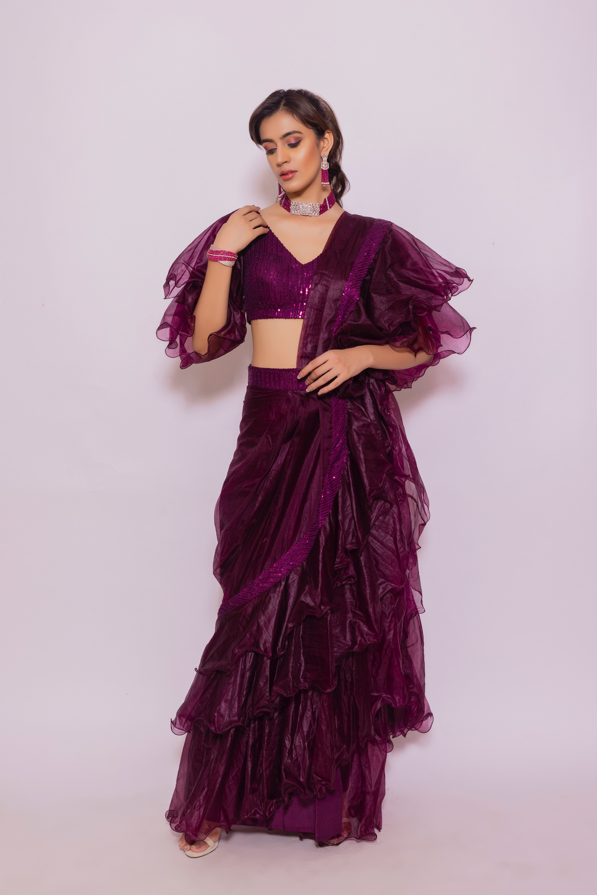 Organza Saree with Flared sleeve sequin blouse