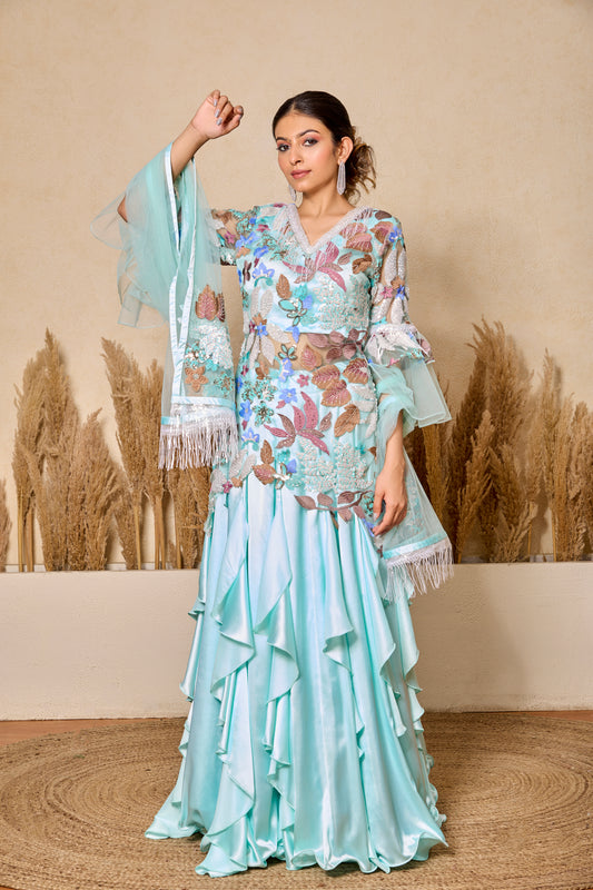 Ruffled Kalidar Skirt With Short Shirt And Dupatta