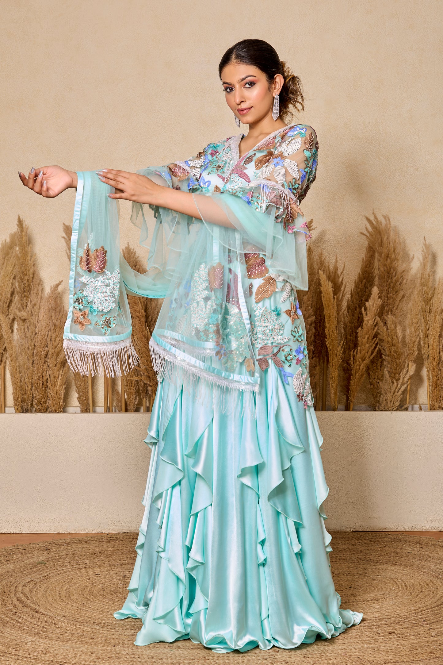 Ruffled Kalidar Skirt With Short Shirt And Dupatta