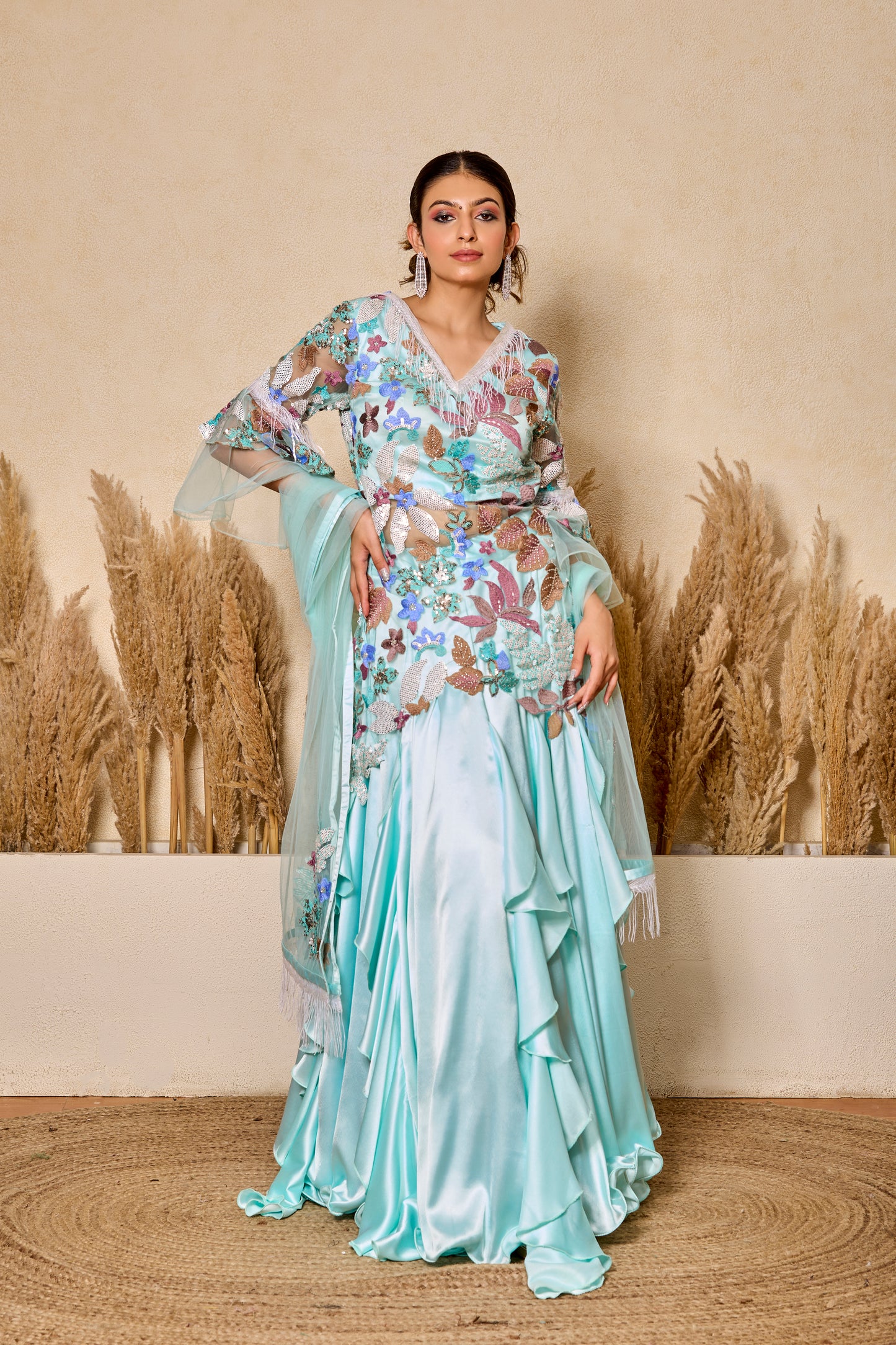 Ruffled Kalidar Skirt With Short Shirt And Dupatta
