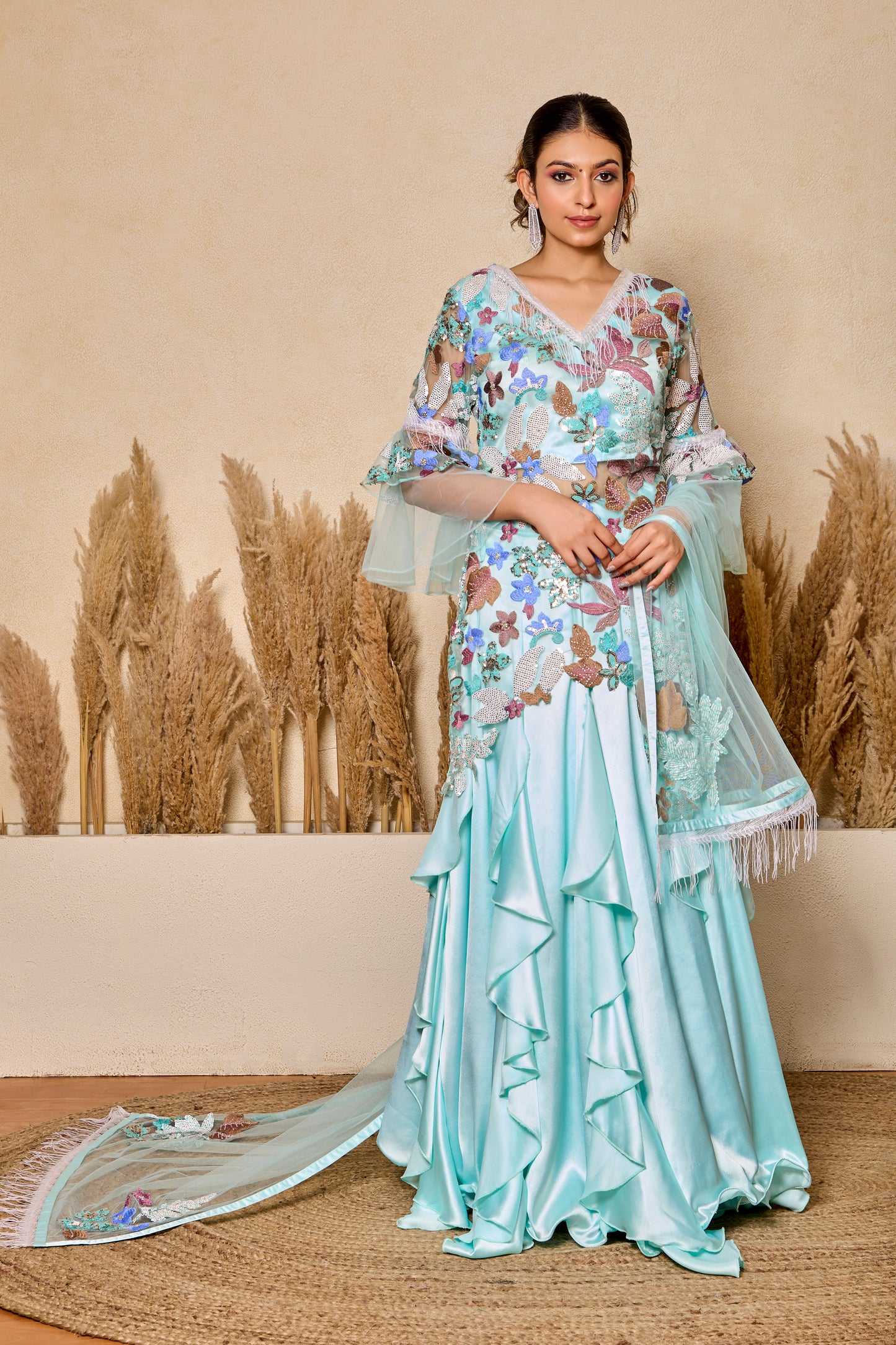 Ruffled Kalidar Skirt With Short Shirt And Dupatta