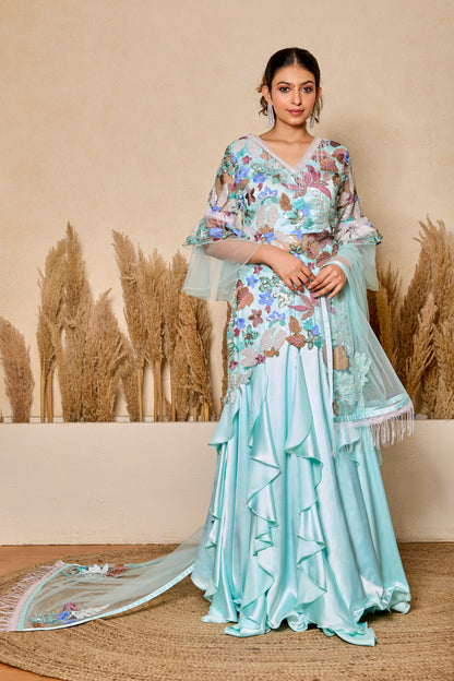 Ruffled Kalidar Skirt With Short Shirt And Dupatta
