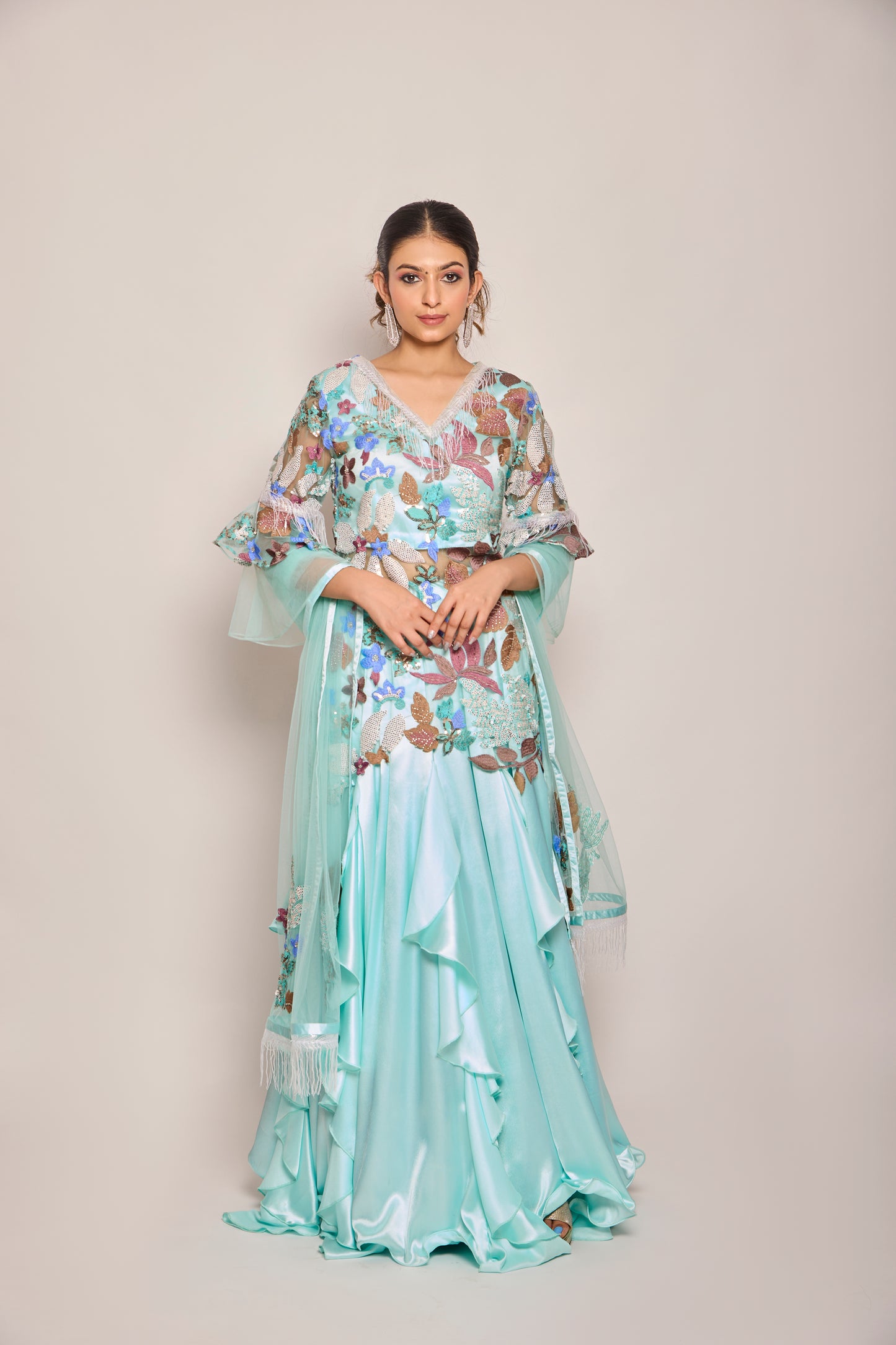 Ruffled Kalidar Skirt With Short Shirt And Dupatta