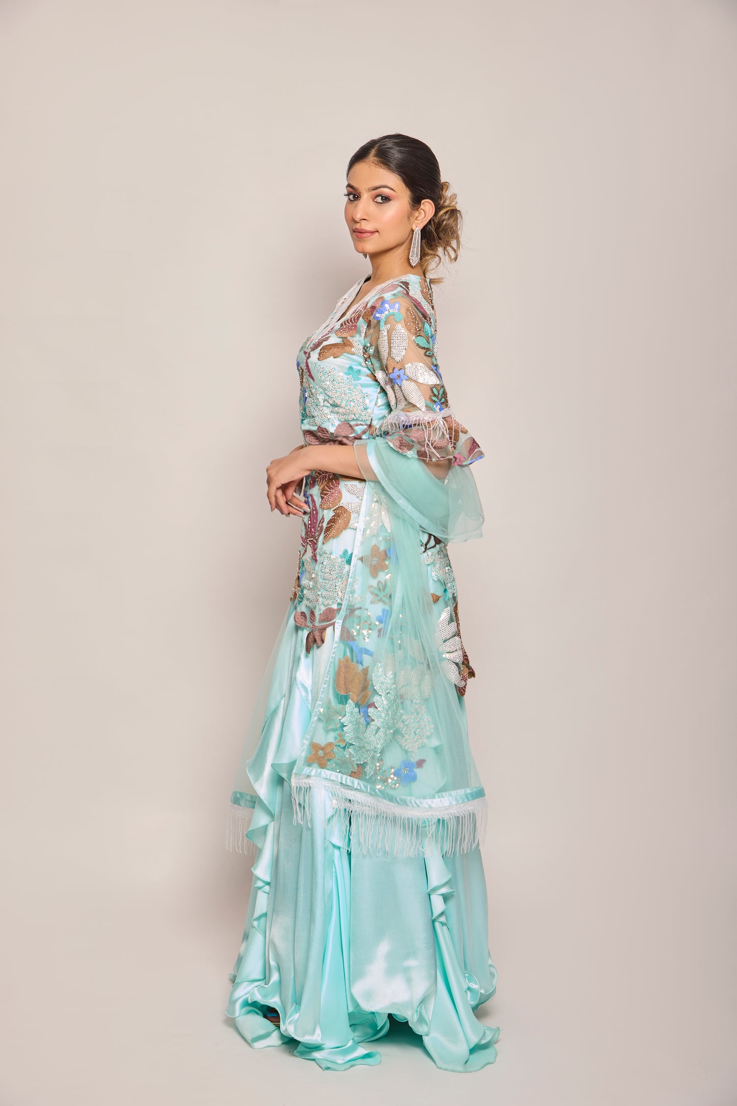 Ruffled Kalidar Skirt With Short Shirt And Dupatta