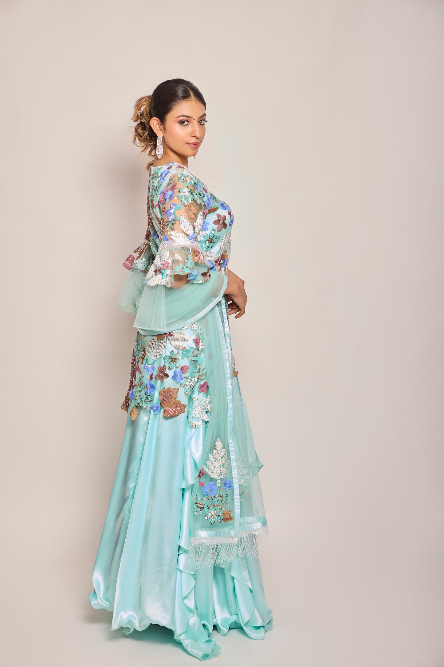 Ruffled Kalidar Skirt With Short Shirt And Dupatta