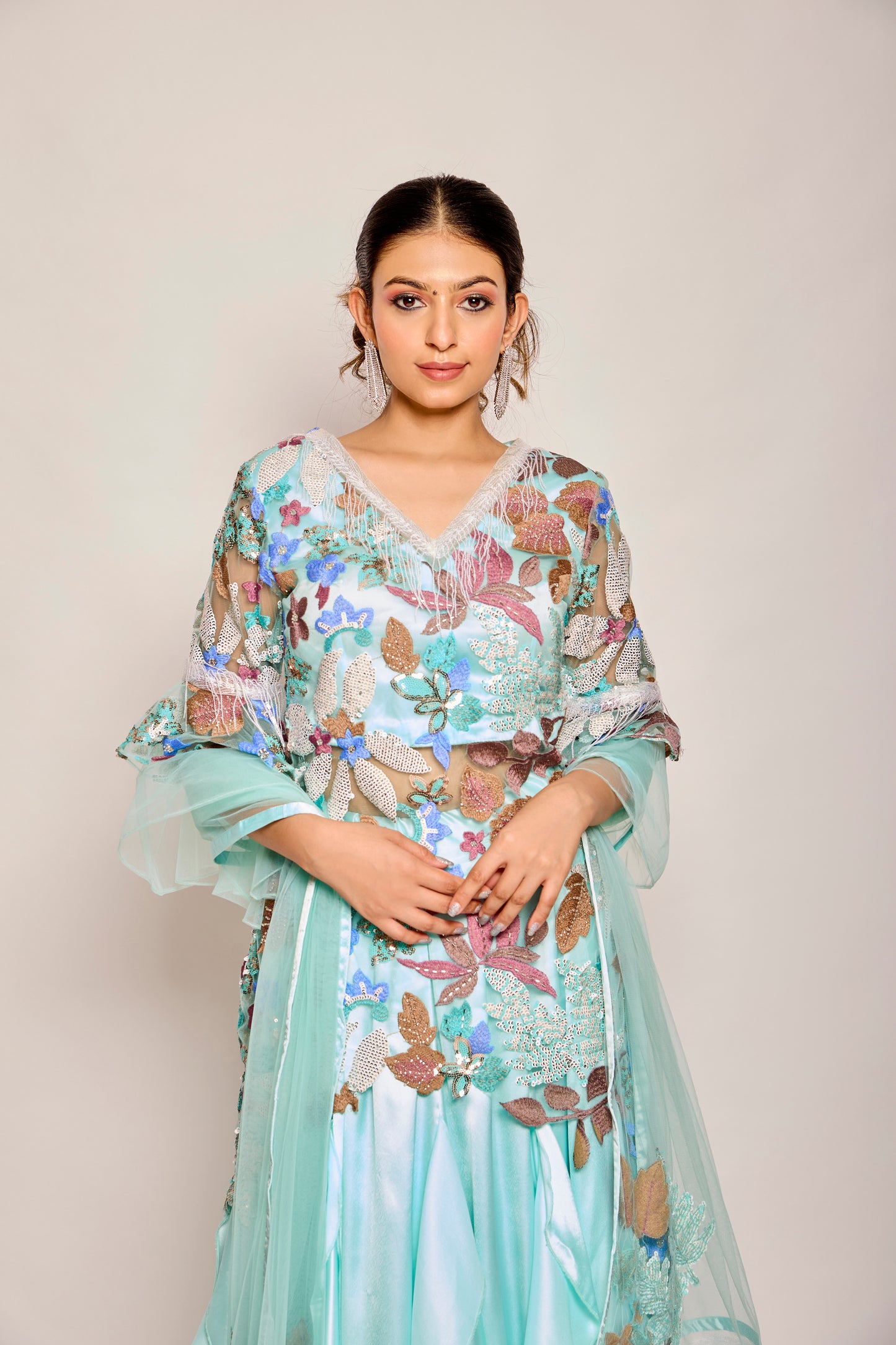 Ruffled Kalidar Skirt With Short Shirt And Dupatta