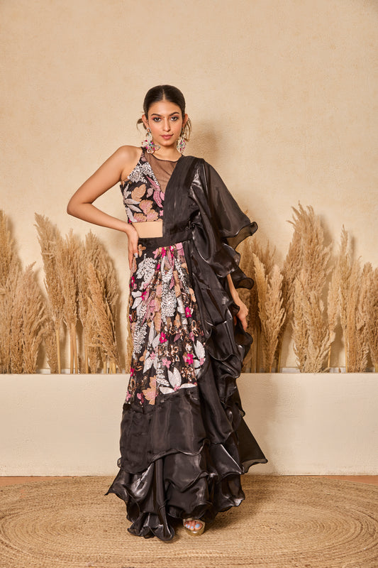 Ruffle Drape Saree With Halter Blouse