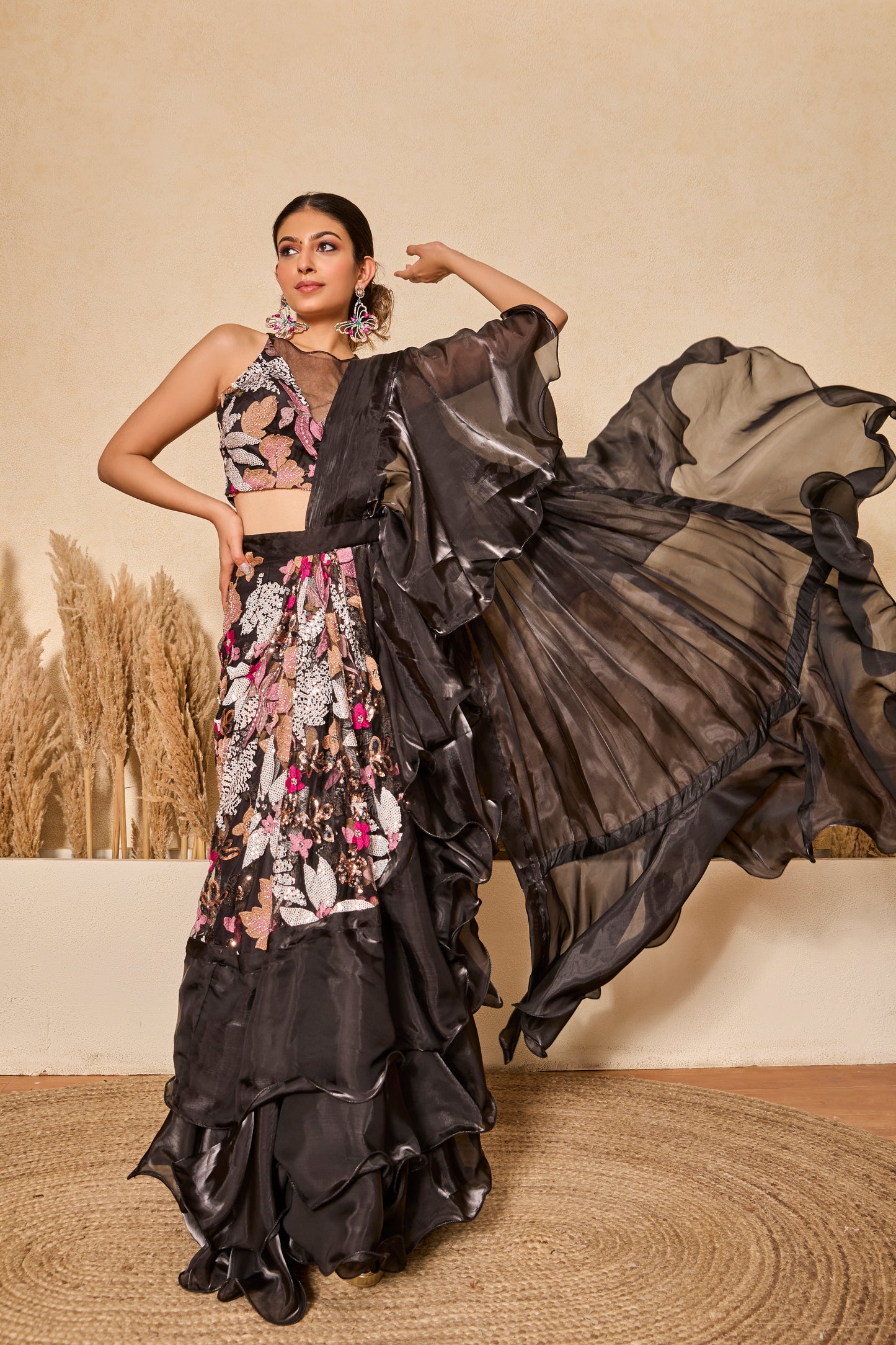 Ruffle Drape Saree With Halter Blouse
