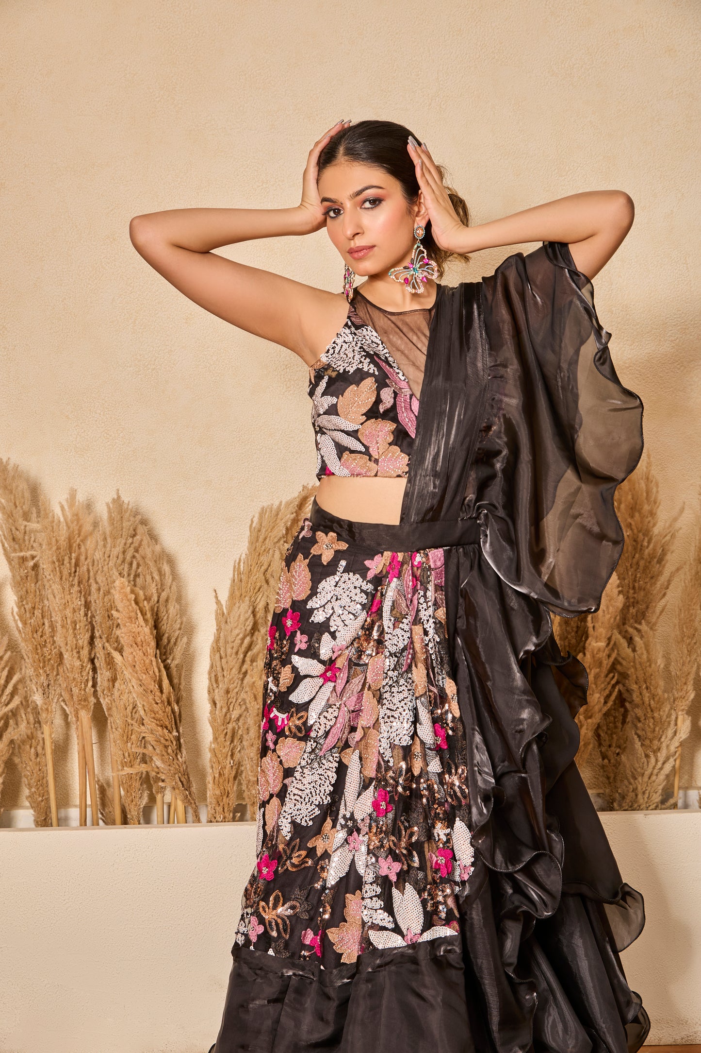 Ruffle Drape Saree With Halter Blouse
