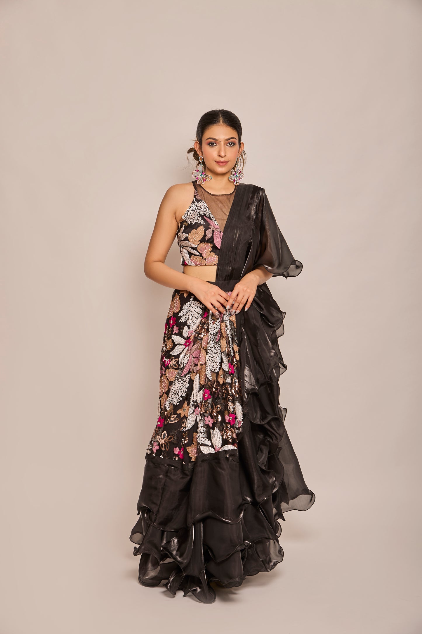 Ruffle Drape Saree With Halter Blouse