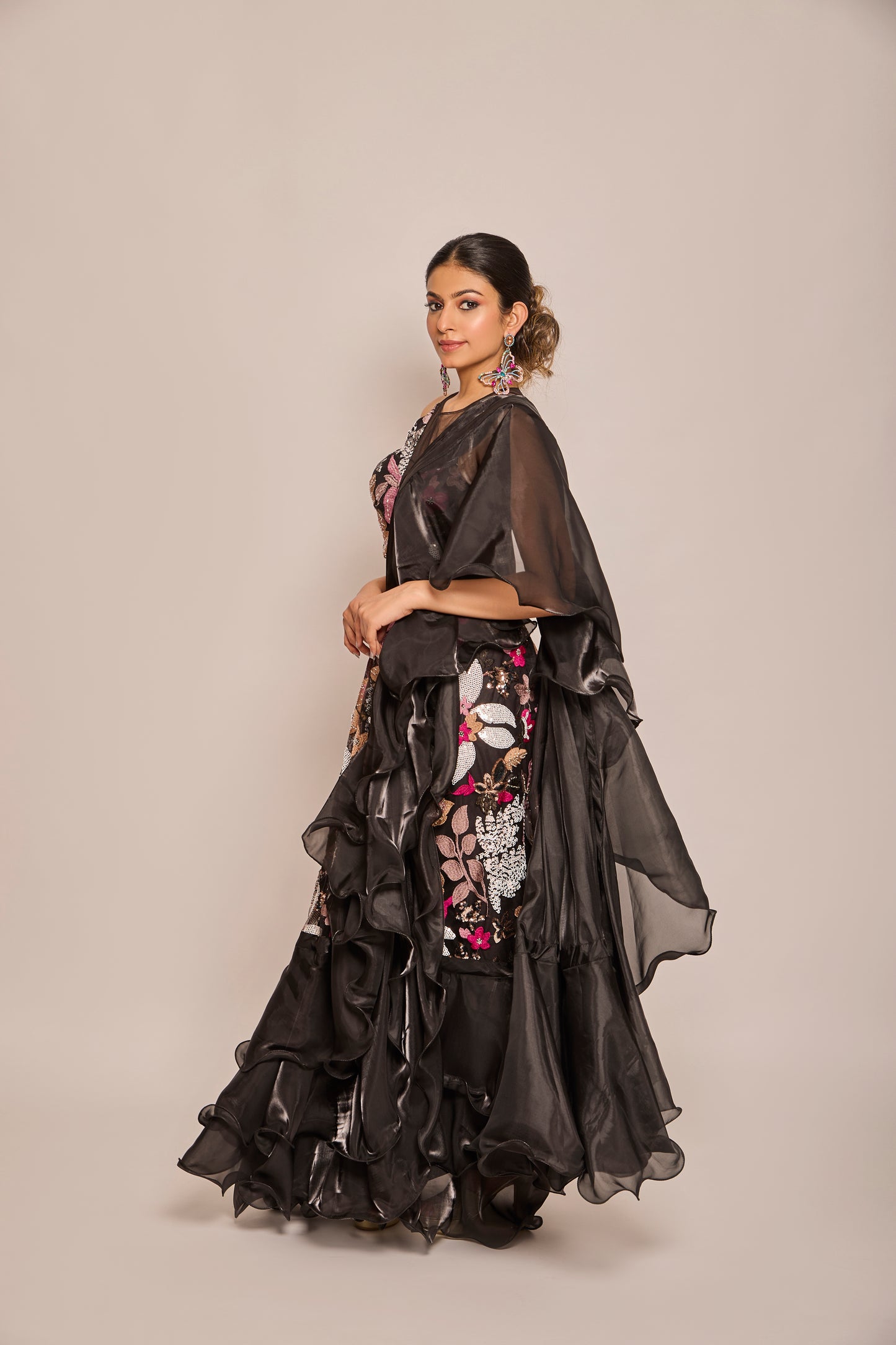 Ruffle Drape Saree With Halter Blouse