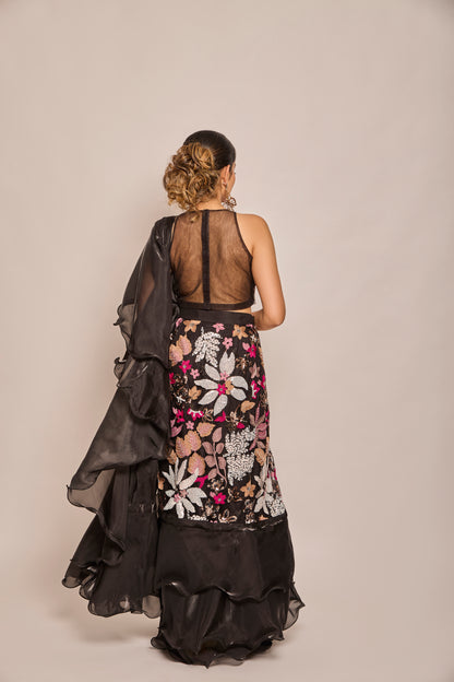 Ruffle Drape Saree With Halter Blouse