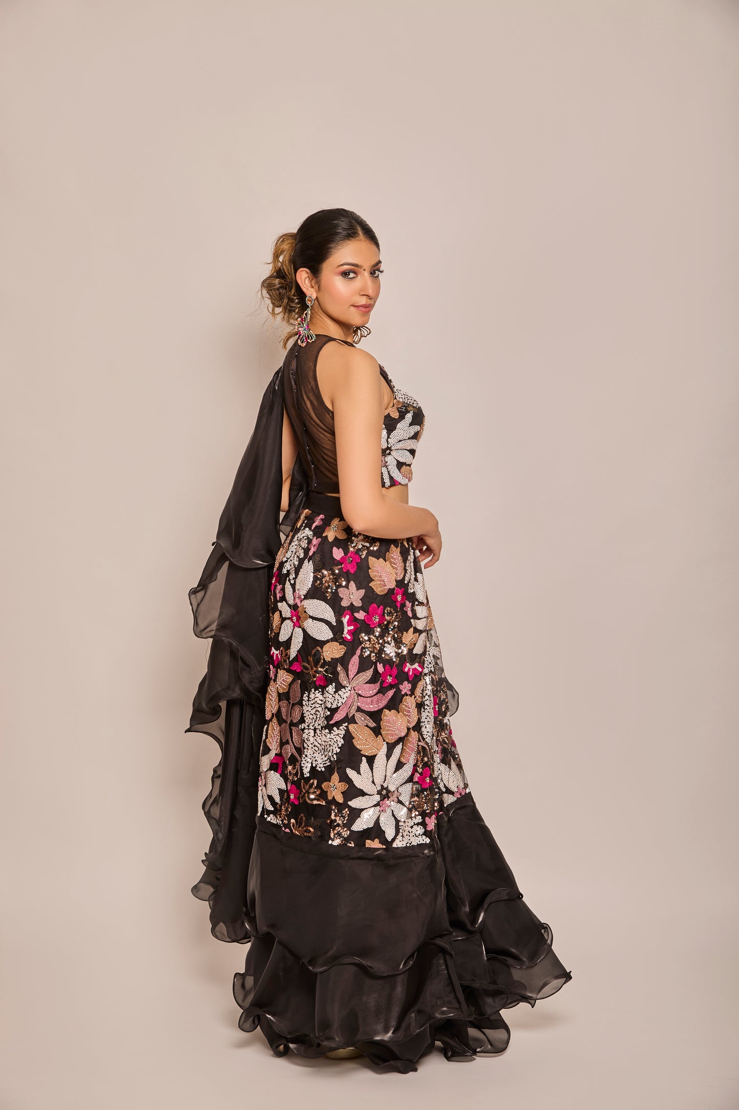 Ruffle Drape Saree With Halter Blouse