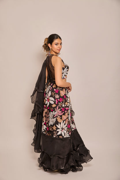 Ruffle Drape Saree With Halter Blouse