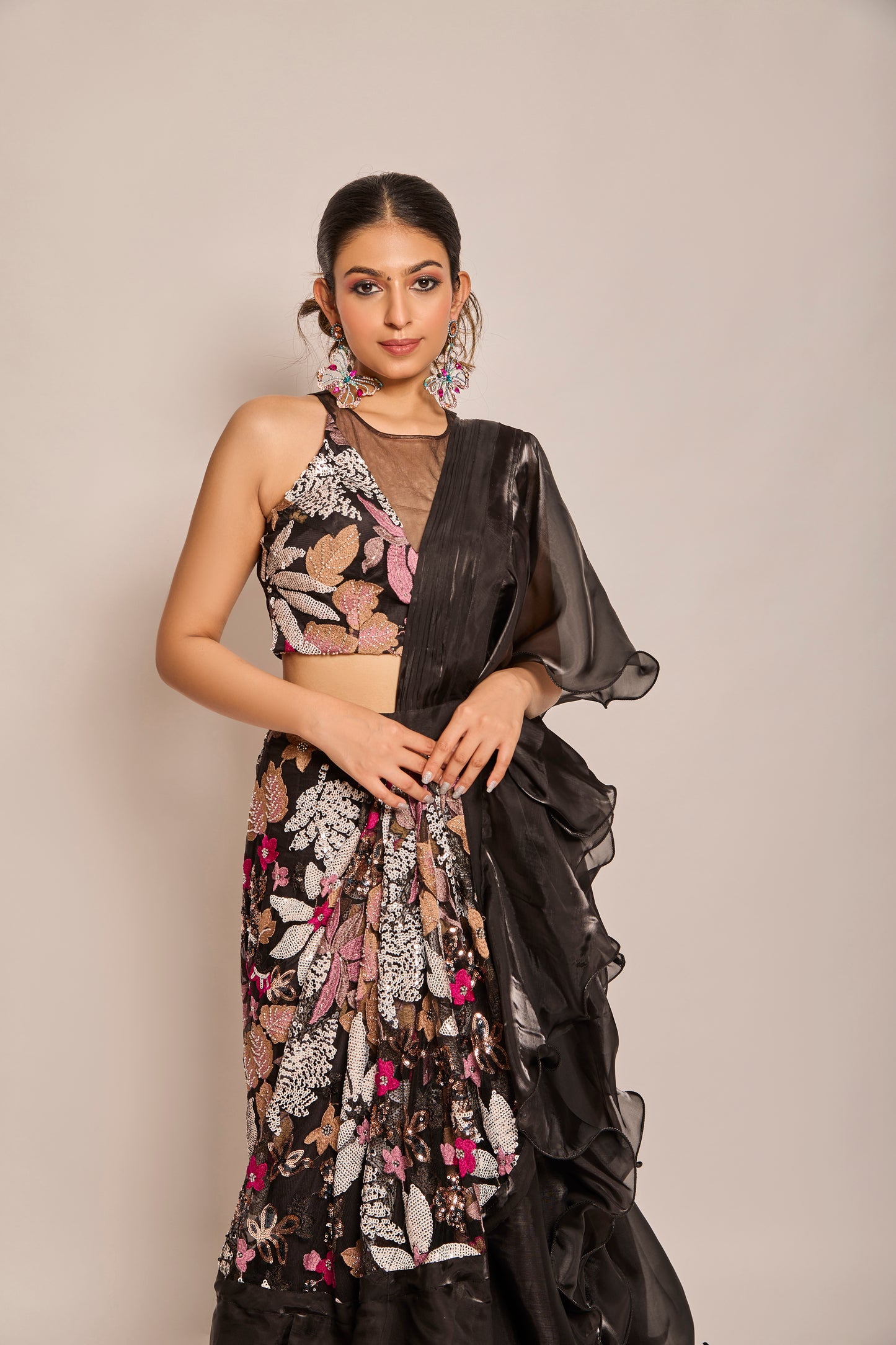Ruffle Drape Saree With Halter Blouse