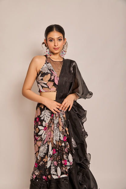 Ruffle Drape Saree With Halter Blouse