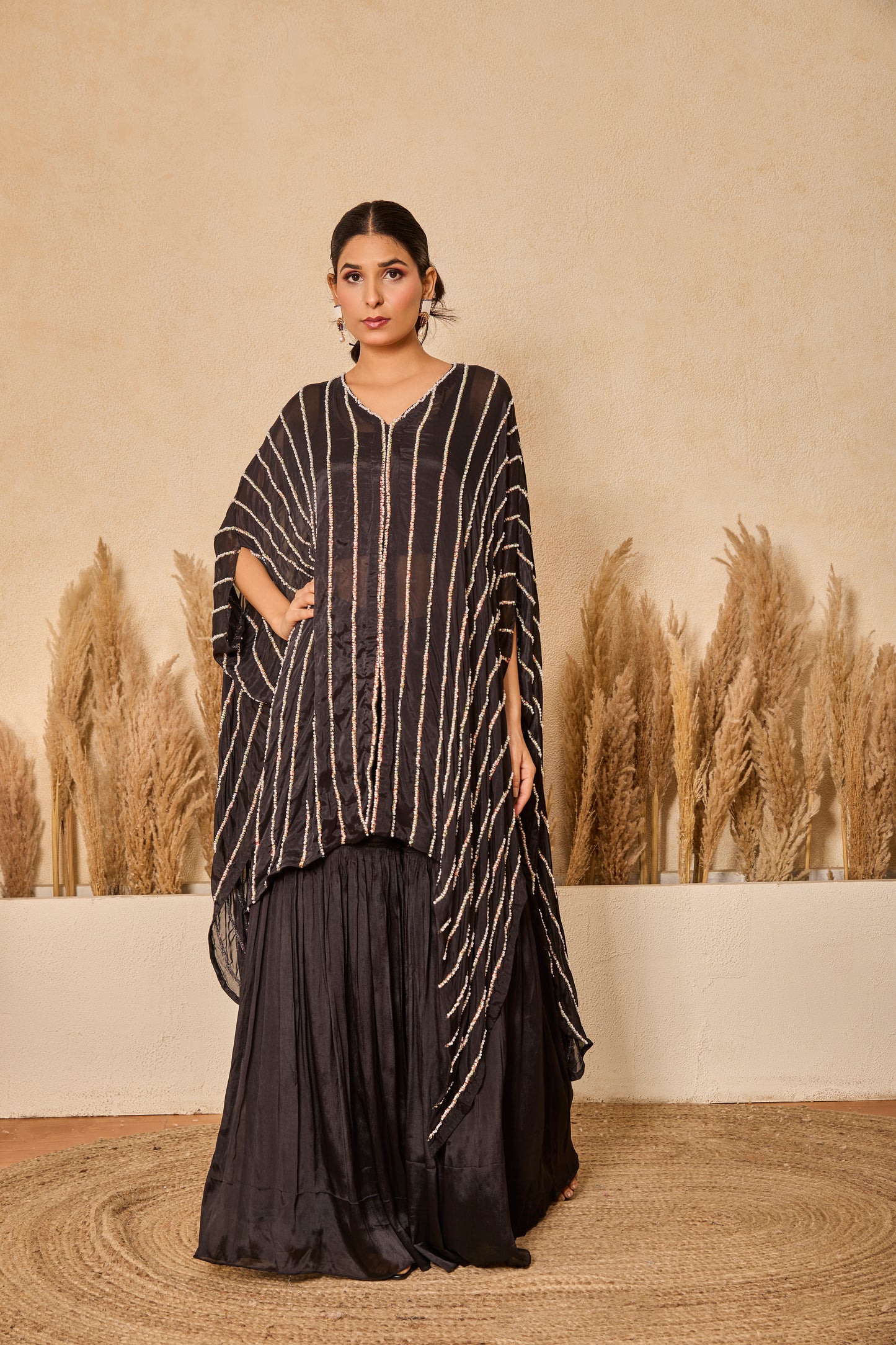 Pearl & Bead work Asymmetrical Kaftan with Inner & Garara