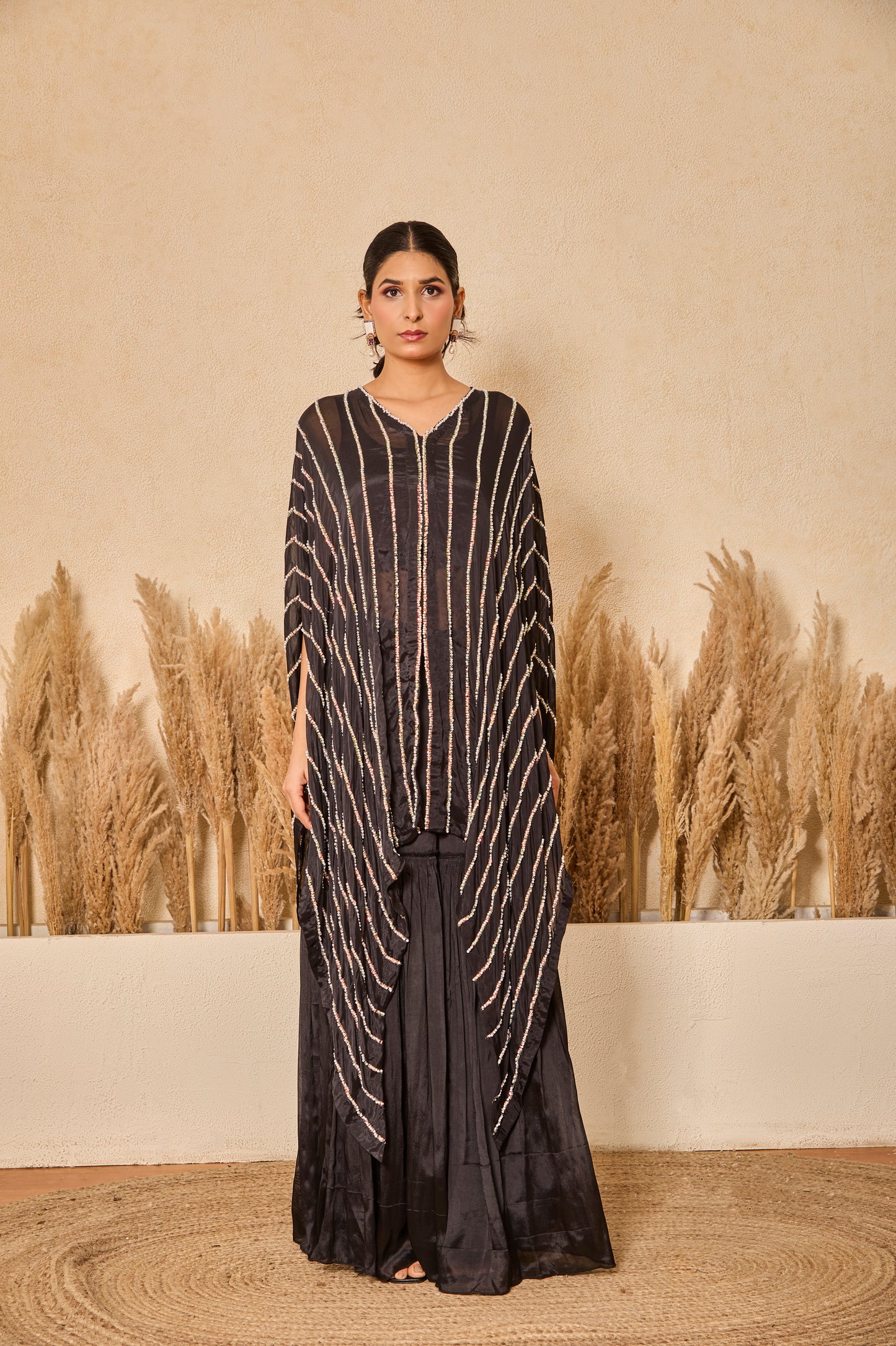Pearl & Bead work Asymmetrical Kaftan with Inner & Garara