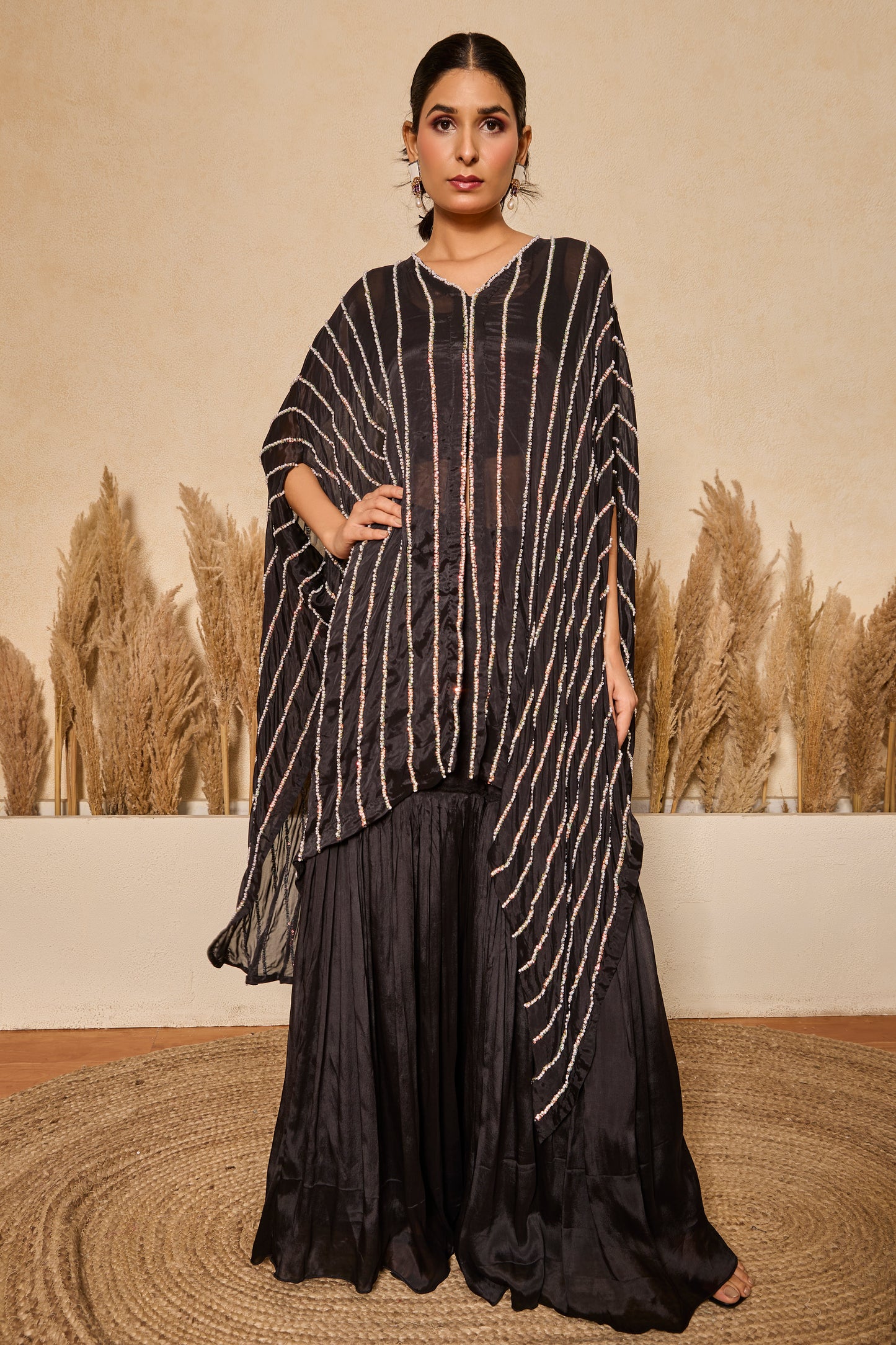 Pearl & Bead work Asymmetrical Kaftan with Inner & Garara