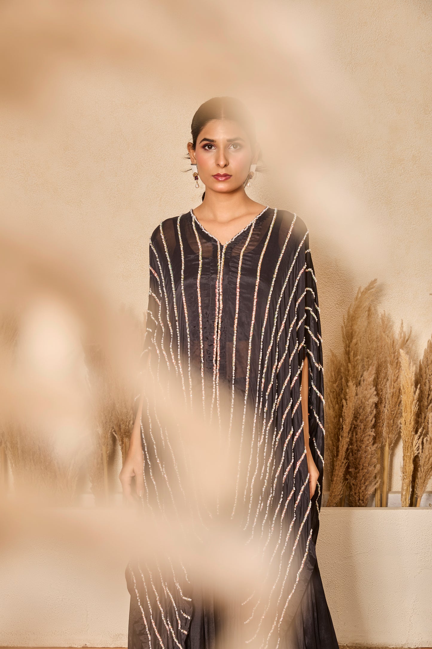 Pearl & Bead work Asymmetrical Kaftan with Inner & Garara
