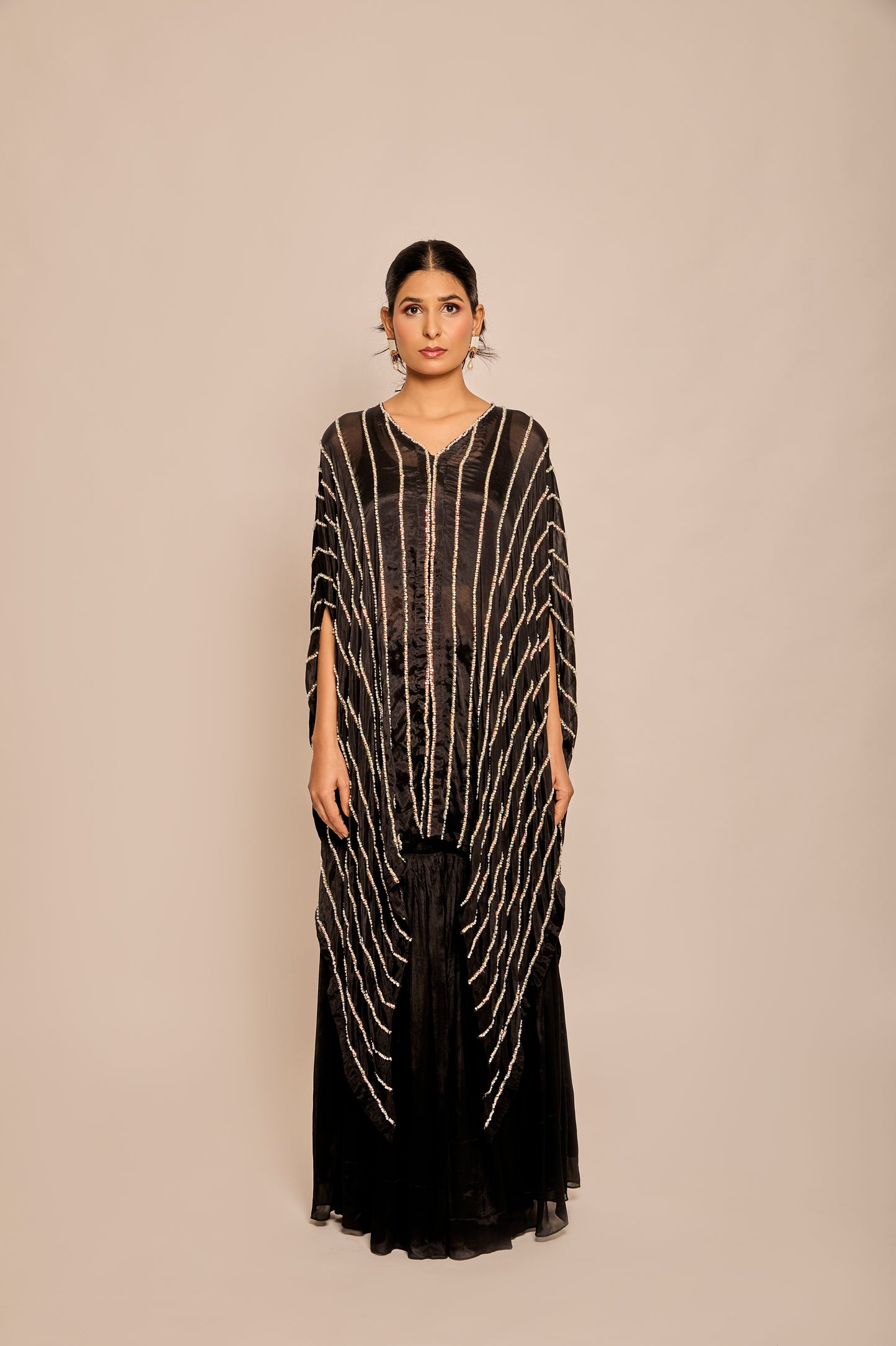 Pearl & Bead work Asymmetrical Kaftan with Inner & Garara