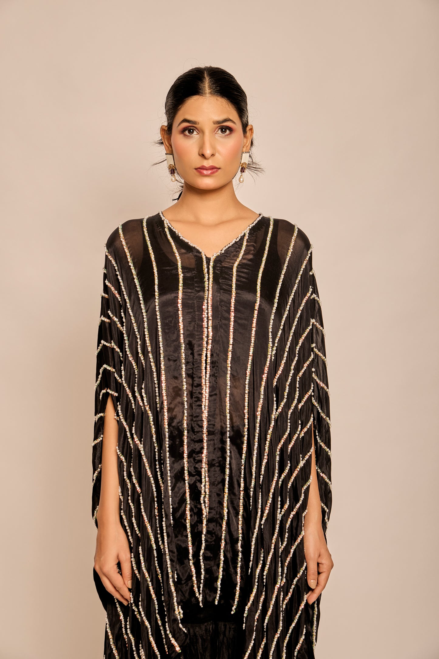 Pearl & Bead work Asymmetrical Kaftan with Inner & Garara