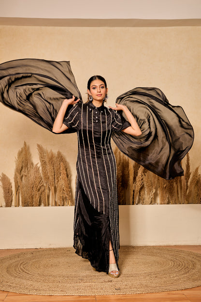 Pearl and Bead work Shirt Dress with Long Flared Sleeves