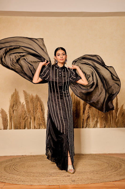 Pearl and Bead work Shirt Dress with Long Flared Sleeves