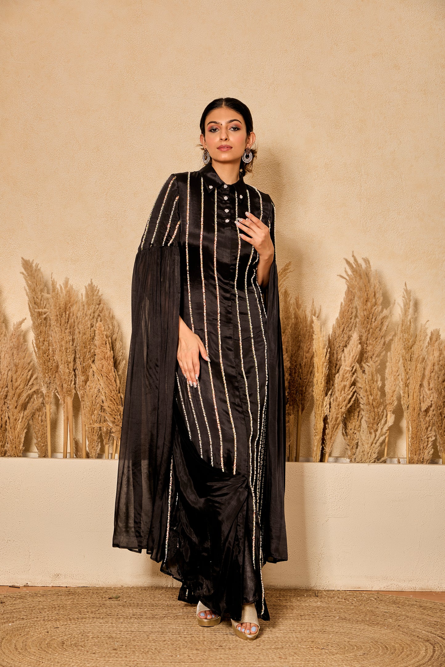 Pearl and Bead work Shirt Dress with Long Flared Sleeves