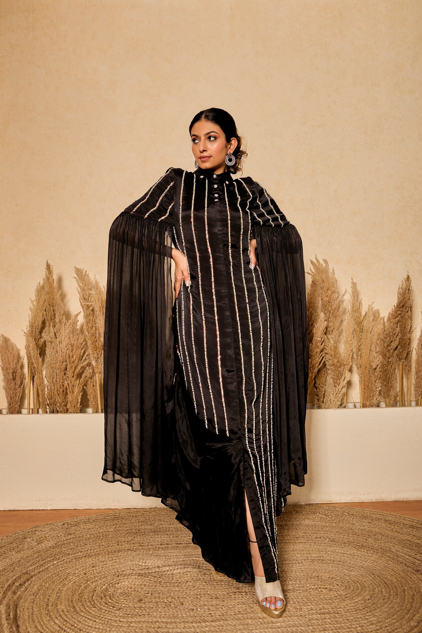 Pearl and Bead work Shirt Dress with Long Flared Sleeves
