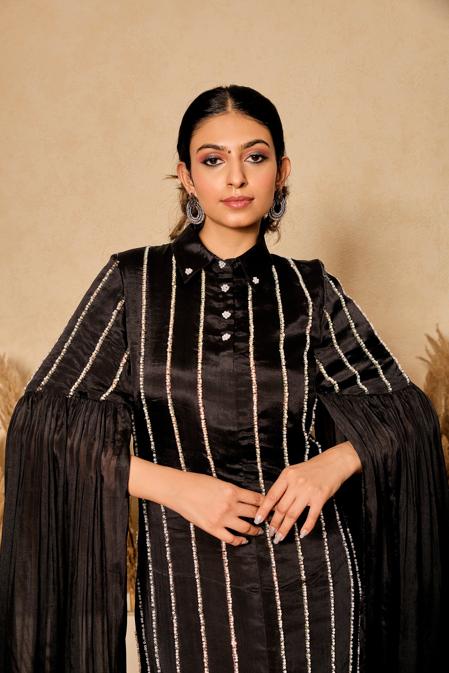 Pearl and Bead work Shirt Dress with Long Flared Sleeves