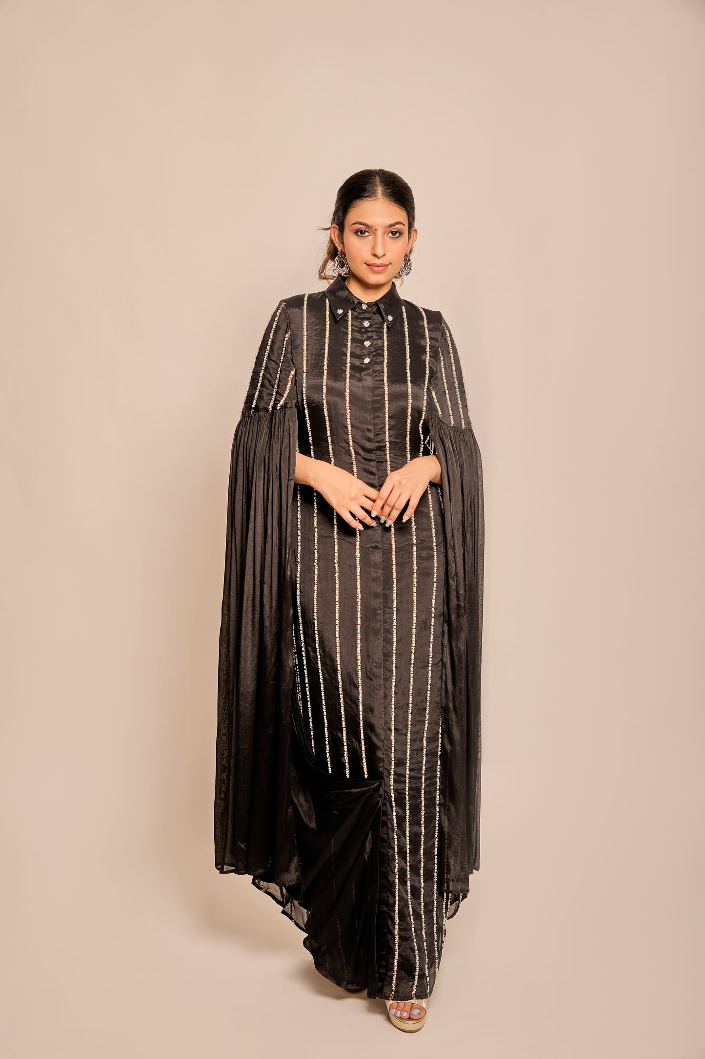 Pearl and Bead work Shirt Dress with Long Flared Sleeves