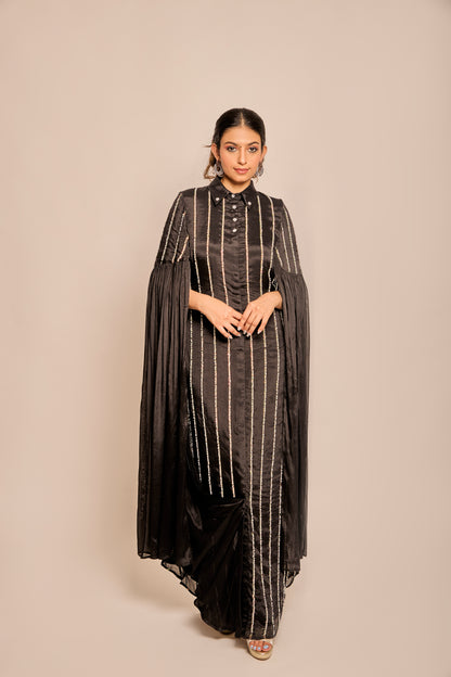Pearl and Bead work Shirt Dress with Long Flared Sleeves
