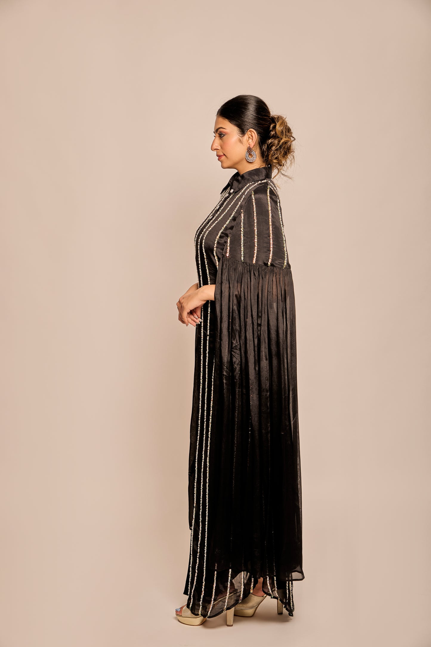 Pearl and Bead work Shirt Dress with Long Flared Sleeves