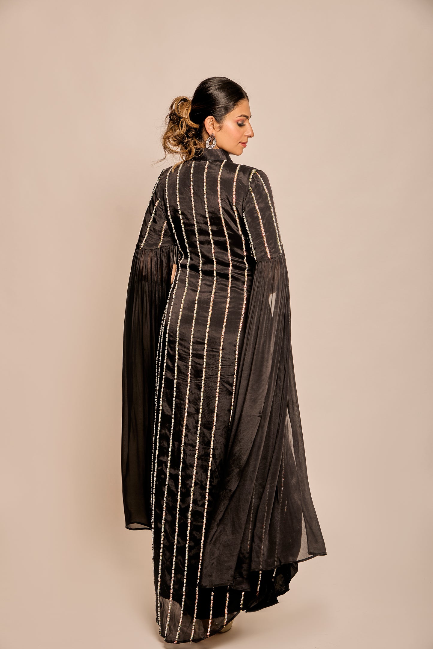 Pearl and Bead work Shirt Dress with Long Flared Sleeves