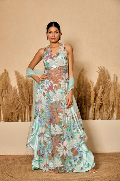 Straight Long Shirt With Ruffled Pants And Dupatta