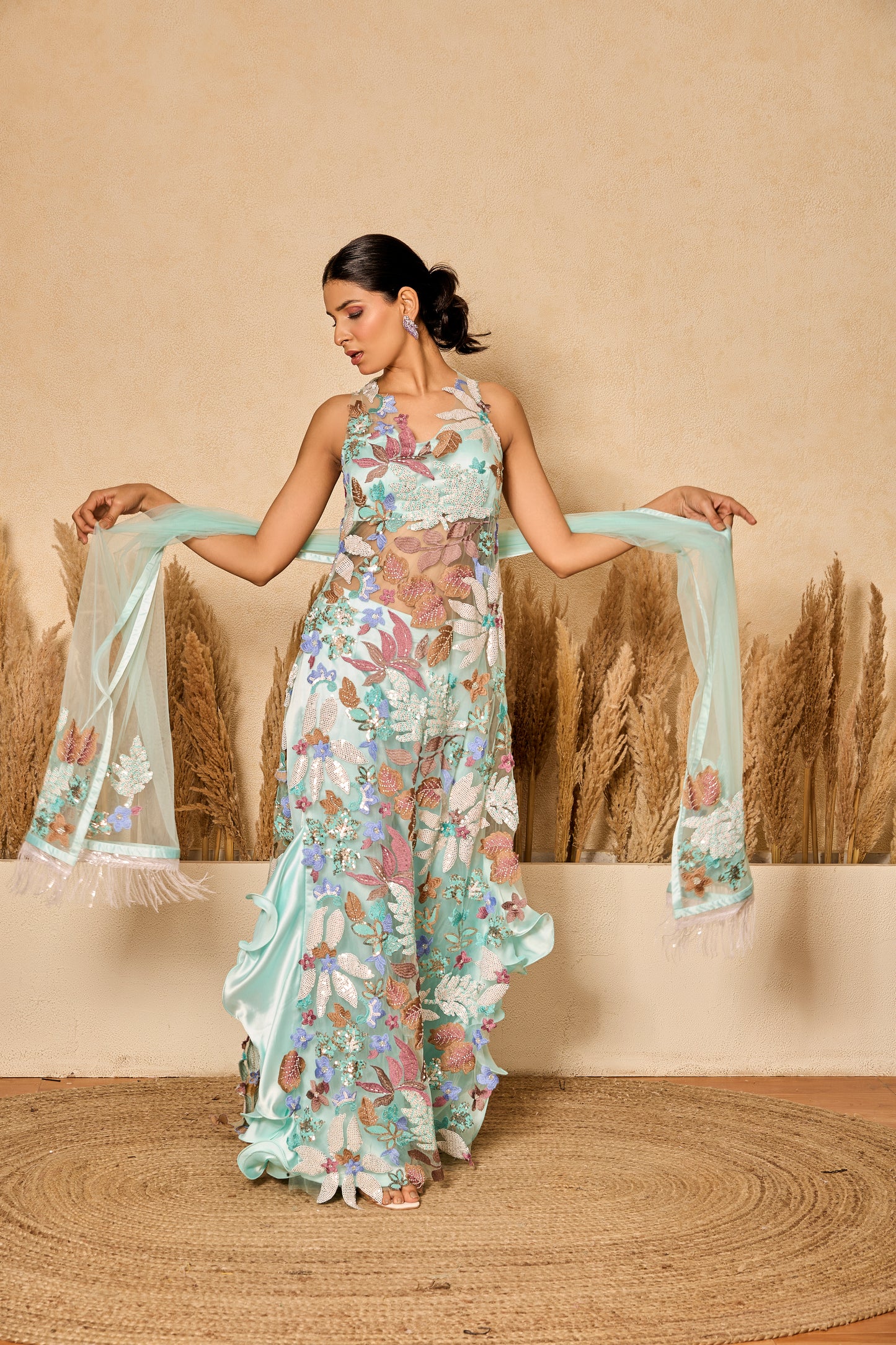 Straight Long Shirt With Ruffled Pants And Dupatta